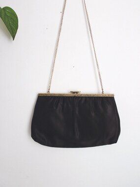 Vintage Black Satin Evening Bag Clutch Purse Cocktail Gold Chain Strap Mardane U